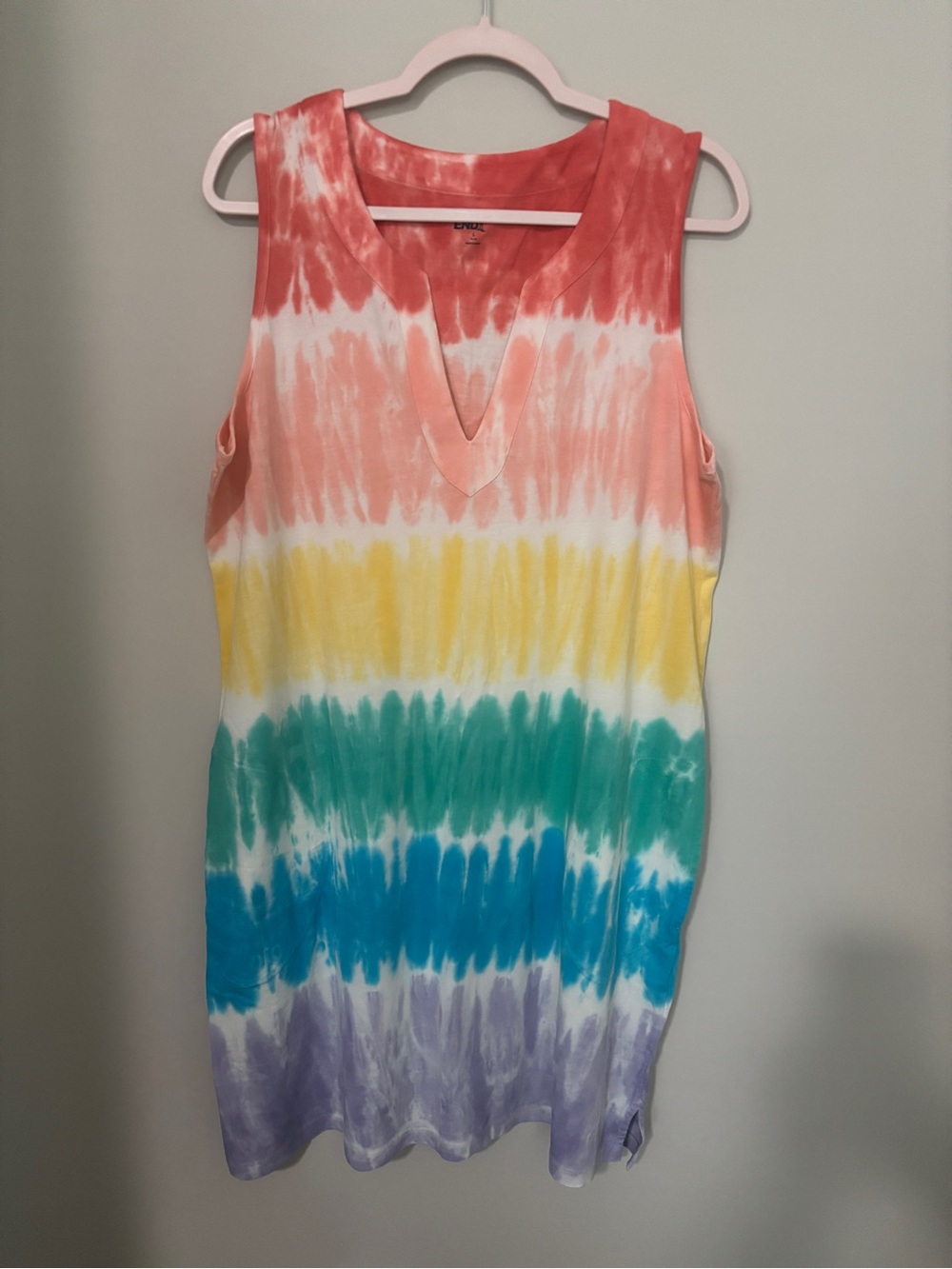 Lands End Tie-Dye Rainbow Sleeveless V-Neck Dress Size L - PTP 22” NWOT